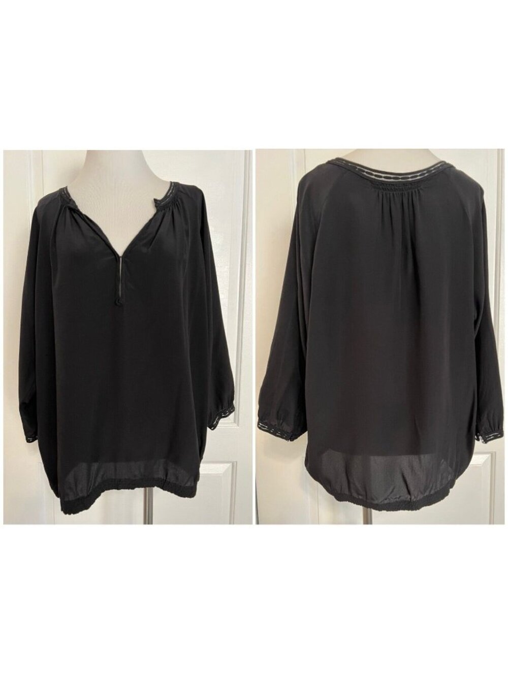 $295 VINCE Designer 100% Silk 3/4 Sleeve Dolman V Neck Blouse Top Black Chic L